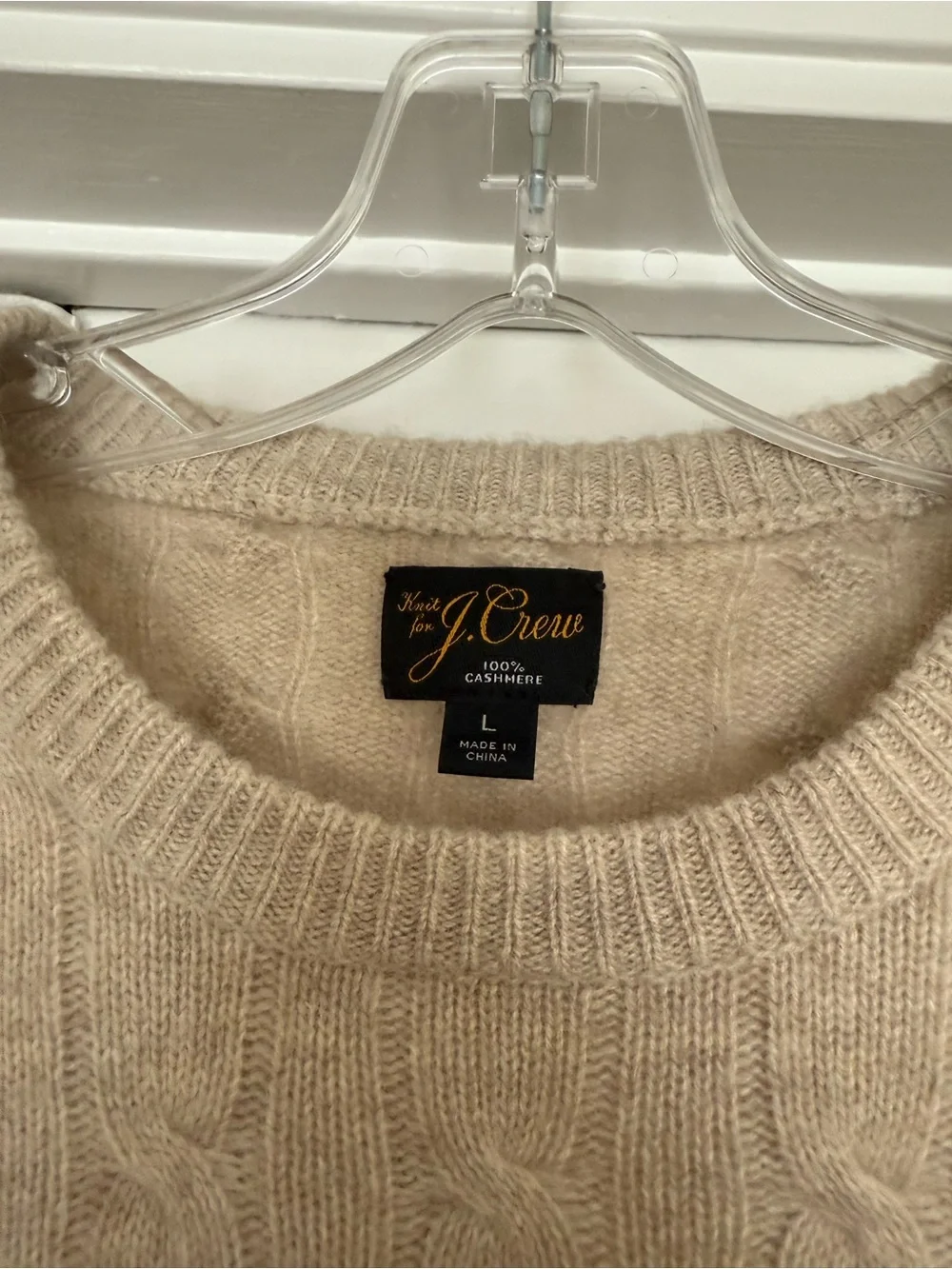 Men’s Beige 100% Cashmere Cable Knit Crewneck Sweater